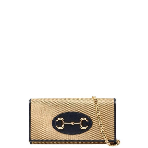 Gucci Horsebit 1955 Chain Shoulder Wallet 621888 Beige Navy Canvas Leather - Picture 1 of 9